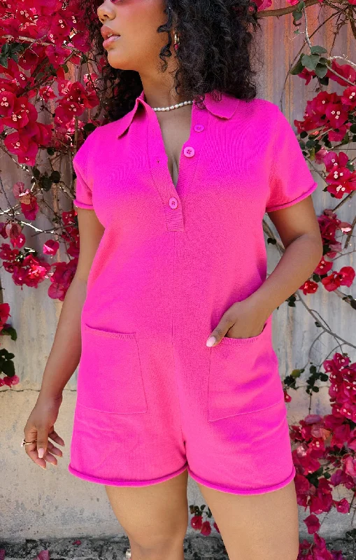 Gio Sweater Romper ~ Hot Pink Knit Collared Crew Neck Turtle Neck