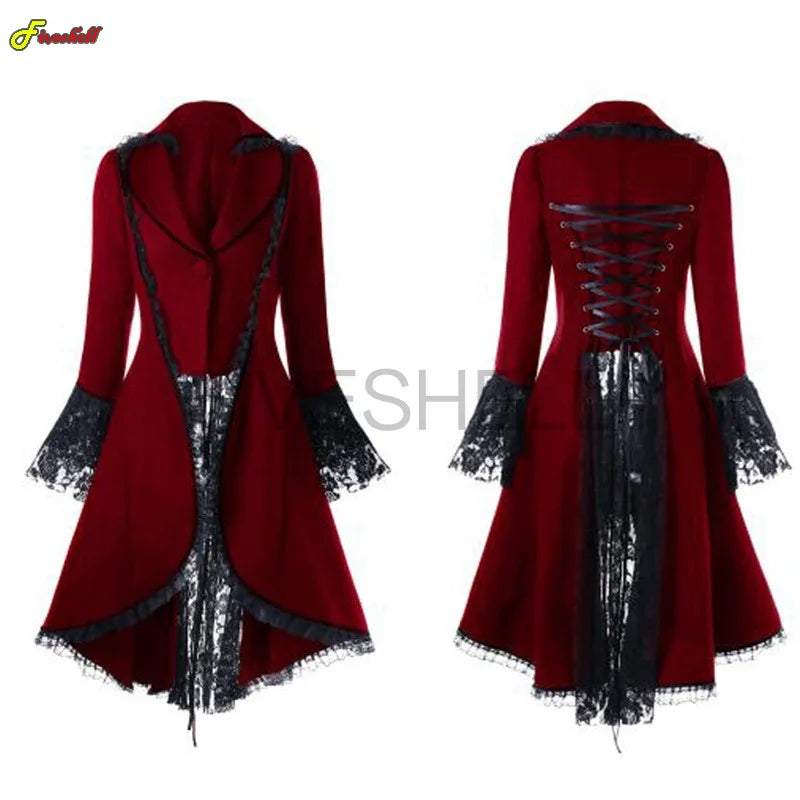 Women Medieval Steampunk Victorian Style Gothic Jacket Noble Court Retro Dress Halloween Costume Lace Trim Lace-up High Low Coat Denim Jacket Leather Jacket Suede Jacket