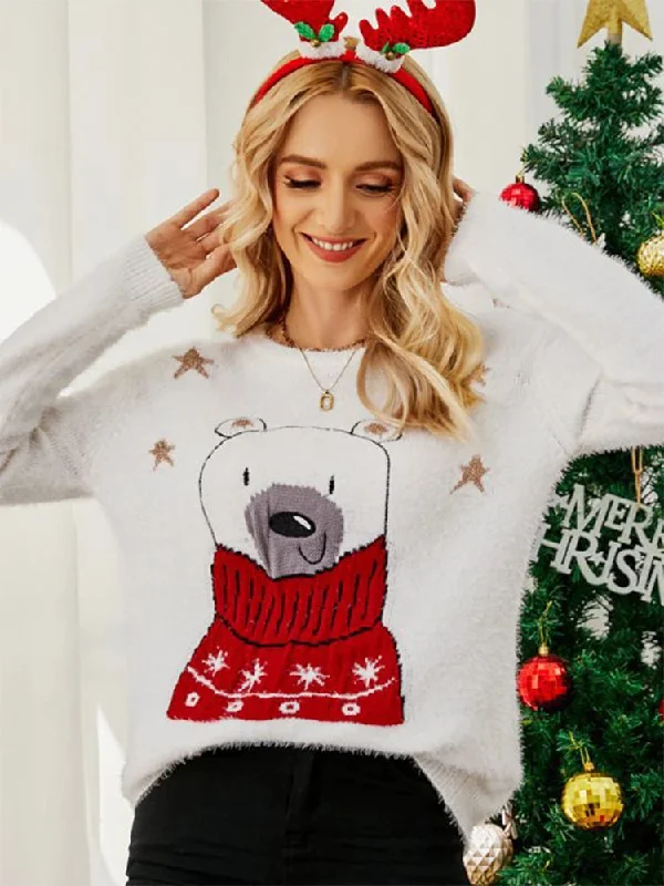 Christmas Cartoon Bear Embroidery Holiday Sweater Bright Pastel Dark