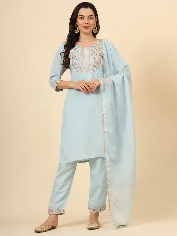 Sky Blue Designer Readymade Pant Suit With Designer Embroidery Work Lightweight Jogger Pants
