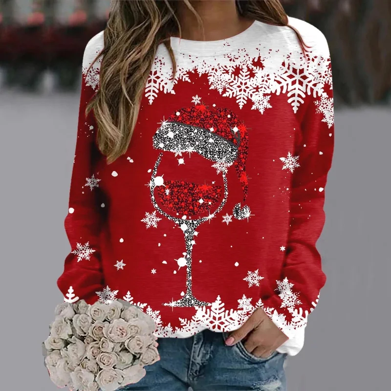 Reindeer Graphic Long Sleeve Sweatshirt - New Year Christmas Sweater Striped Floral Plaid