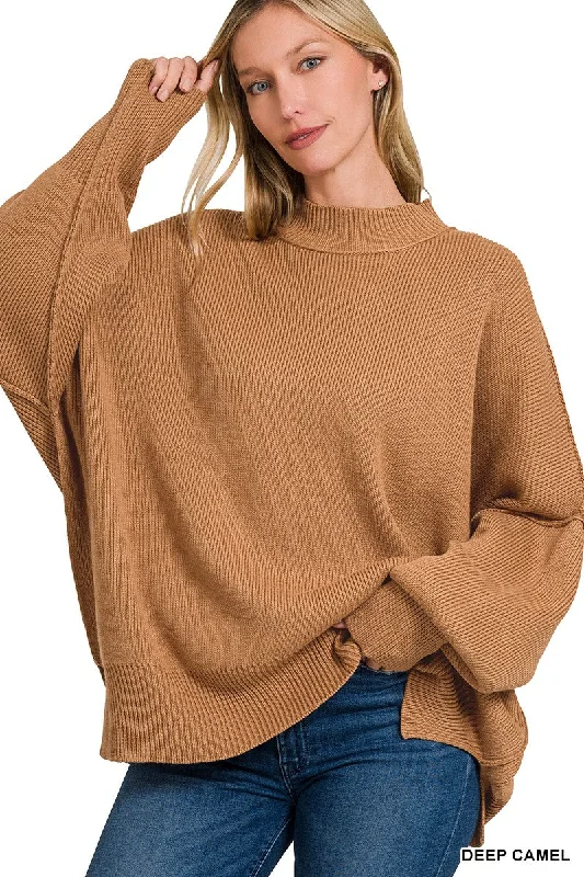 SIDE SLIT OVERSIZED SWEATER in DEEP CAMEL Slim Fit Regular Fit Oversized