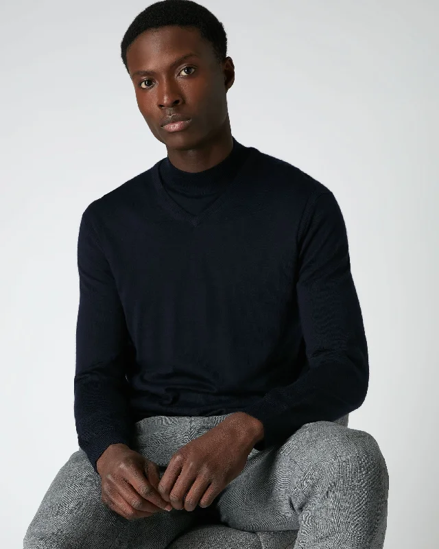 Men's Conduit Fine Gauge Cashmere V Neck Sweater Navy Blue Velvet Chenille Corduroy