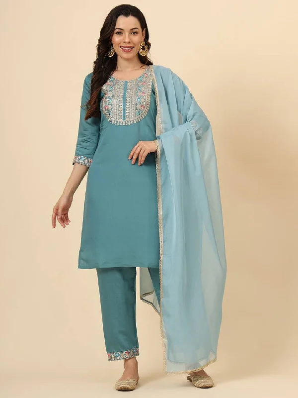 Aqua Blue Trendy Designer Readymade Pant Suit With Embroidery Work Fashionable Button-Up Pants