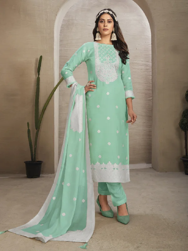 Sea Green Organza Pant Suit With Wevon Design Diamond Work Chic Checkered Pants