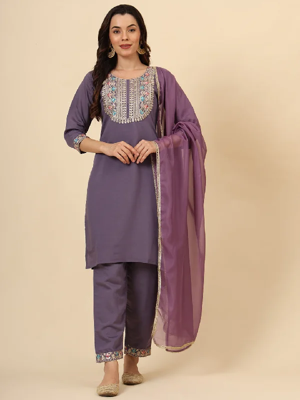 Purple Designer Readymade Pant Suit With Designer Embroidery Work Formal Wide-Leg Pants