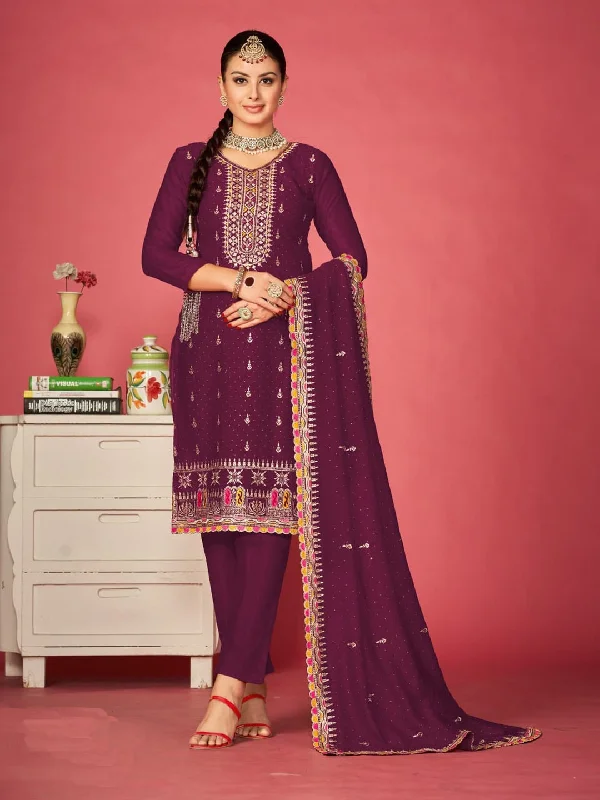 Wine Traditional Designer Semi-Stitched Pant Suit With Embroidery Diamond Work Soft Stretch Trousers