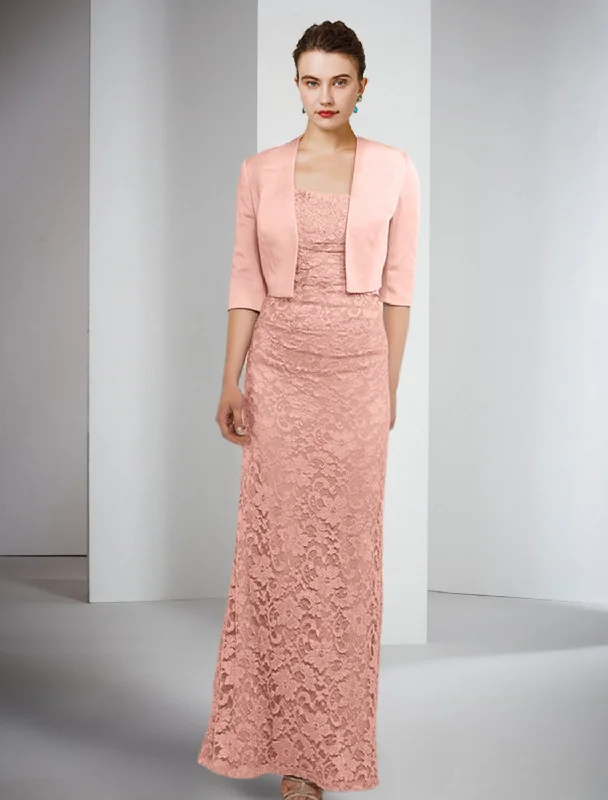 Two Piece Sheath / Column Mother of the Bride Dress Formal Wedding Guest Elegant Winter With Jacket Half Sleeve Square Neck Floor Length Satin Lace Solid Color Satin Jacket Silk Jacket Chiffon Jacket