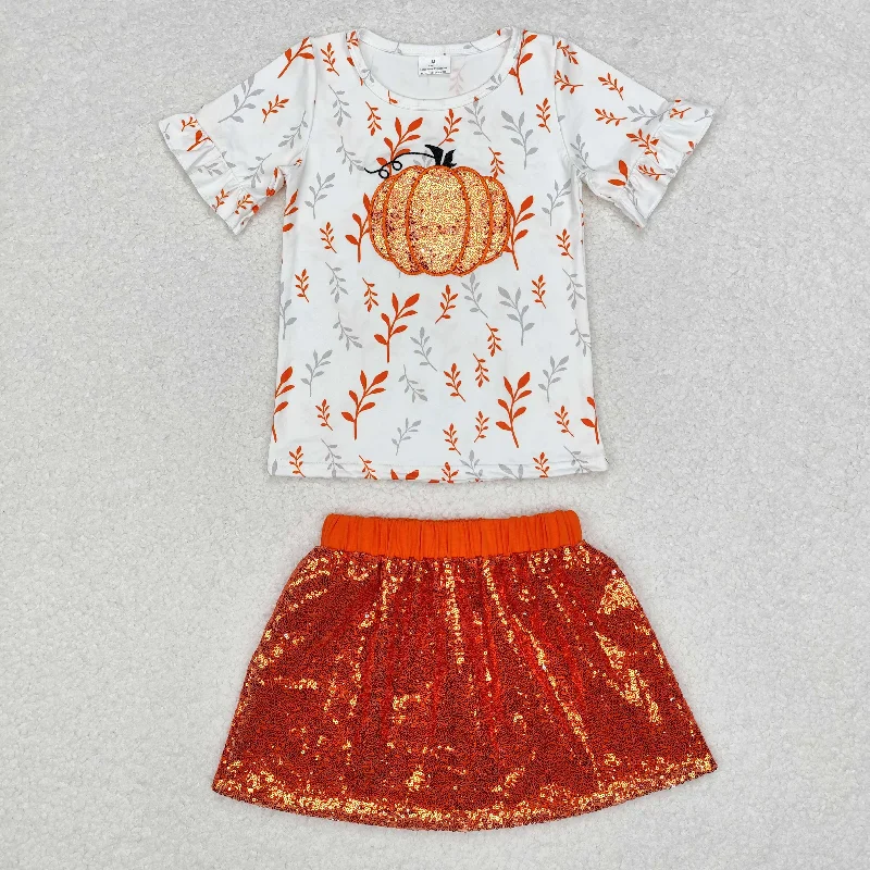 GSD1399 Pumpkin white short sleeve orange sequin skirt set linen skirt light