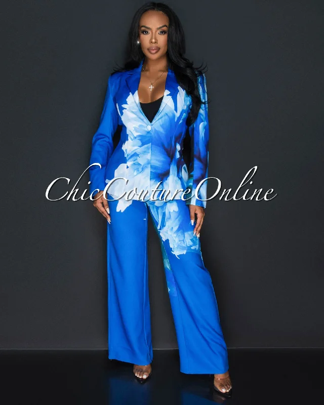 Rena Blue White Floral Print Blazer & Wide Pants Set Trendy Printed Pants