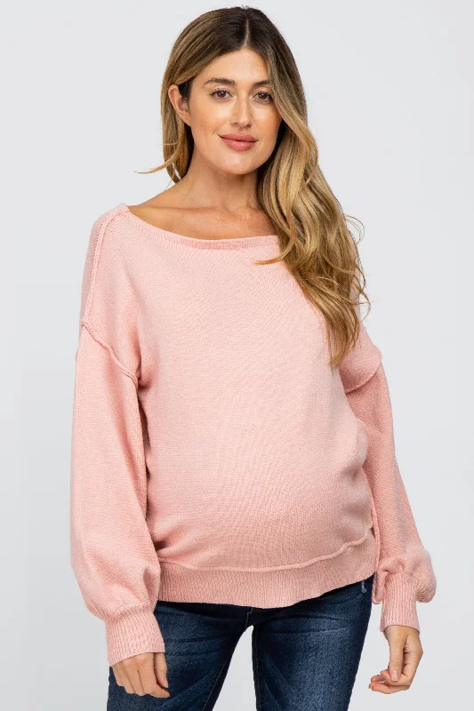 Light Pink Boat Neck Bubble Sleeve Maternity Sweater Zippered Buttoned Snapped