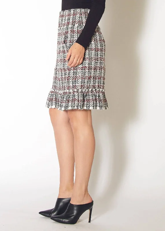 Pleione Women's Plaid Tweed Zipper Front Skirt in Black Red Tweed linen skirt light