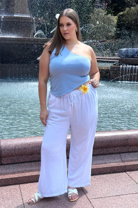 White Elastic Waist Wide Leg Linen Blend Pants Fashionable Tapered Leg Pants
