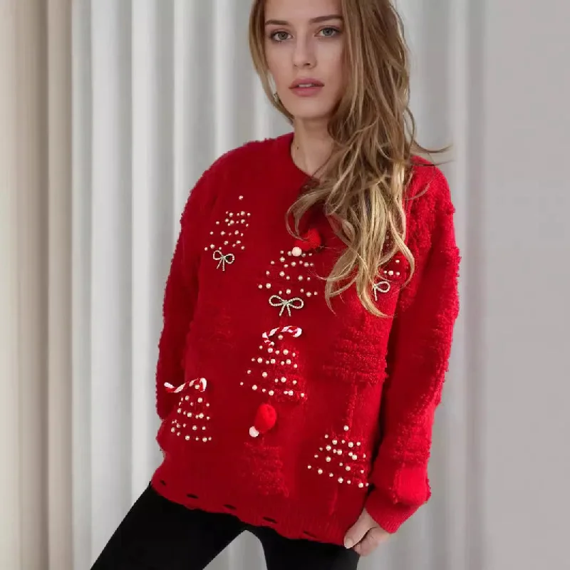 Korean Style Casual Loose Jumper with Chic Bow Christmas Sweater Mesh Sweater Canvas Denim