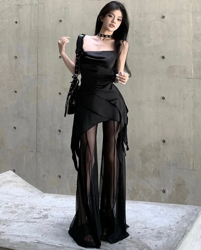 Vienna Solid Color Black Spaghetti Strap Pleated Square Neck Asymmetrical Top + High Waist Patchwork Long Sheer Skirt Pants Matching Set Lightweight Linen Pants