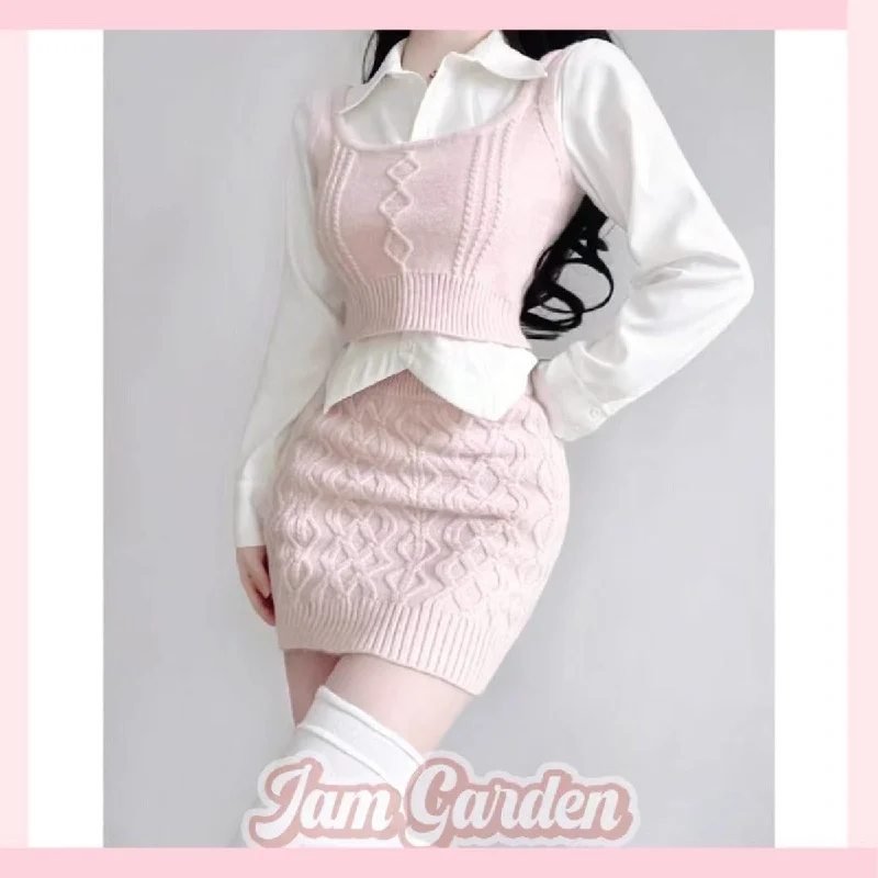 Korean Niche Shirt Layered Sweater Vest + Hip Skirt Suit Three-Piece Set Striped Floral Plaid