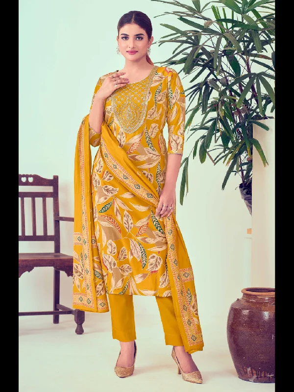 Yellow Designer Readymade Pant Suit With Printed Embroidery Work Trendy High-Waist Trousers