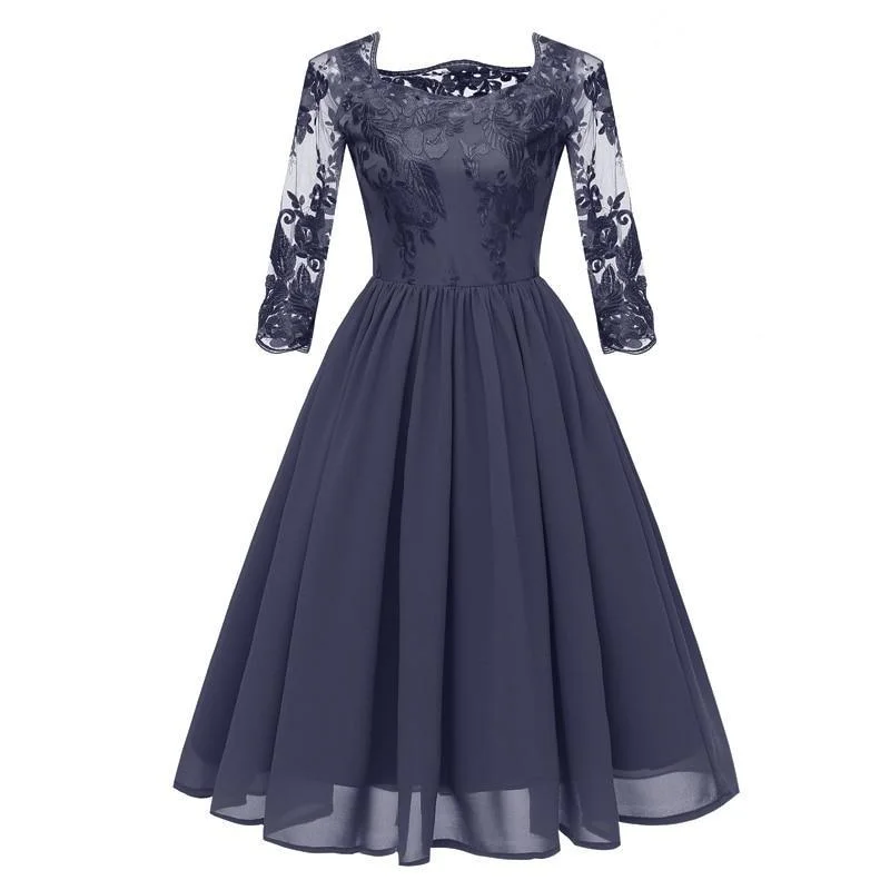 Floral Embroidery Contrast Chiffon Asymmetrical Neck Mesh Sleeve Pleated Elegant Banquet Party Dress Tunics Chic elegant