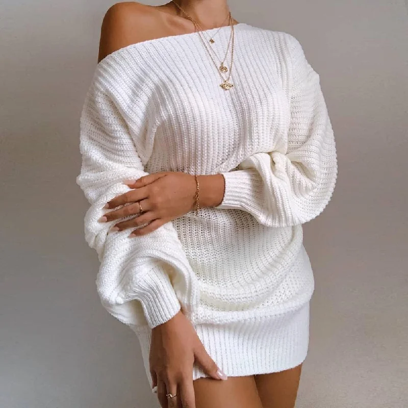 DressBetty - Off-shoulder Lantern Sleeve Knitted Sweater Dress Chenille Fabric Brocade Fabric Lace Fabric