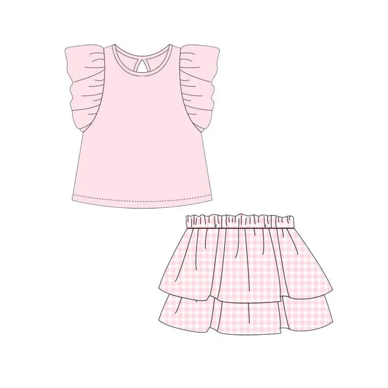 Preorder GSD1998 Pure pink ruffle sleeveless top skirts set Girls Boutique Summer clothes 202502 casual skirt length