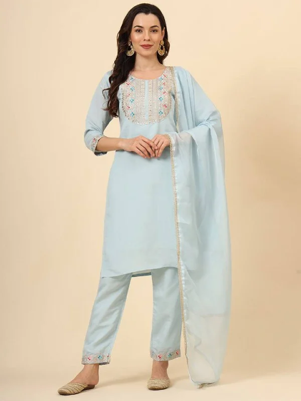 Sky Trendy Designer Readymade Pant Suit With Embroidery Work Classic Pleated Pants