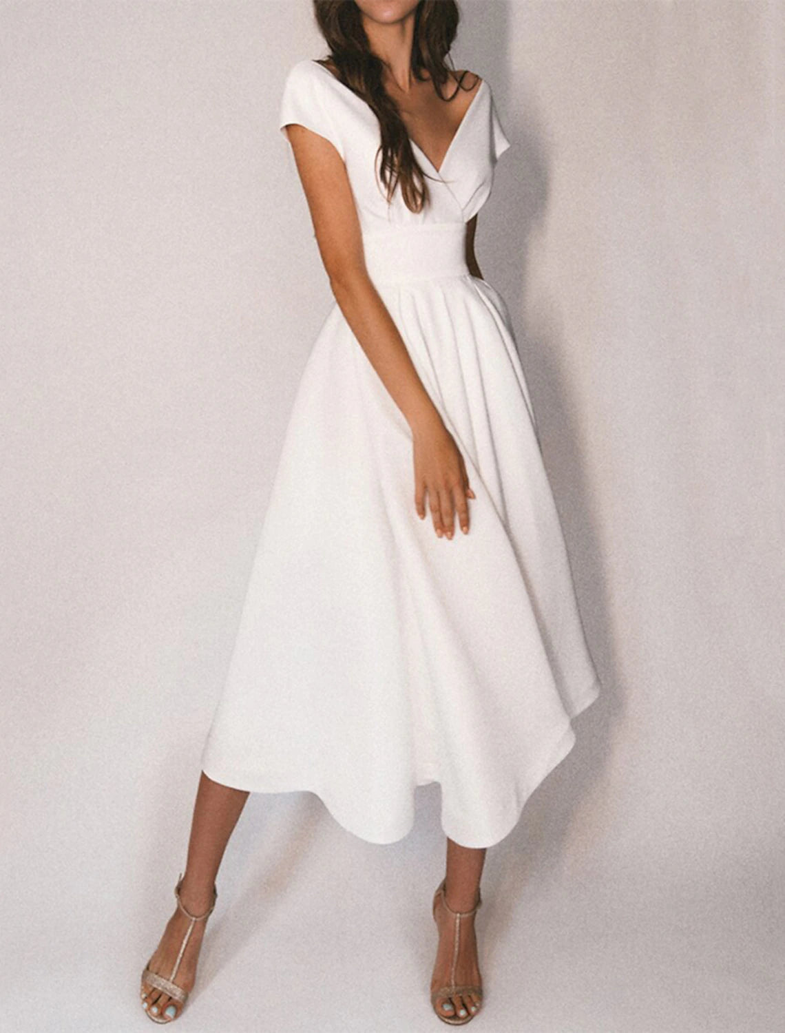 A-Line Cocktail Dresses Party Dress Wedding Guest Homecoming Tea Length Short Sleeve Off Shoulder Stretch Fabric with Sleek Pure Color Tunics Top rated