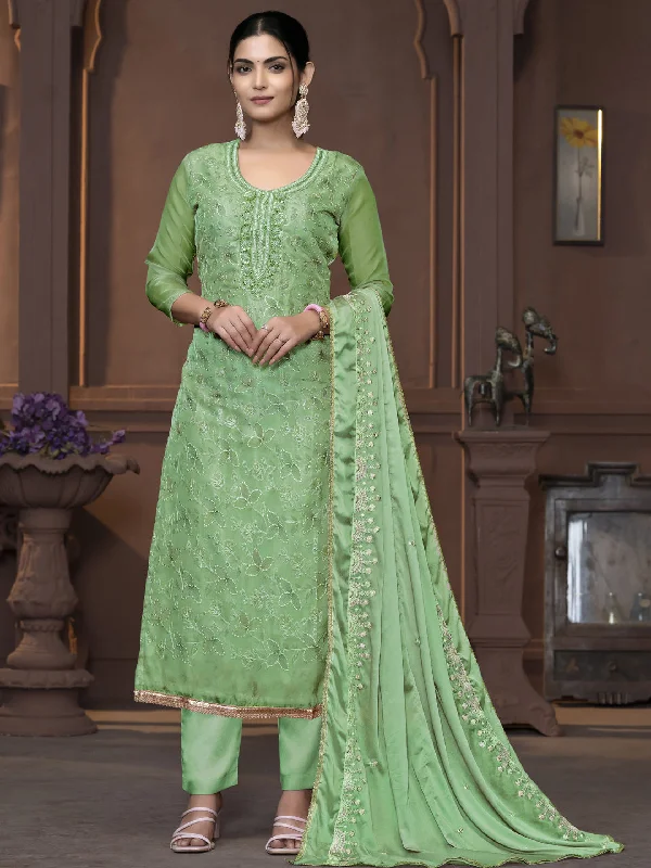 Green Party Wear Readymade Pant Suit With Pojishan Embroidery Hand Work Trendy Wide-Legged Trousers