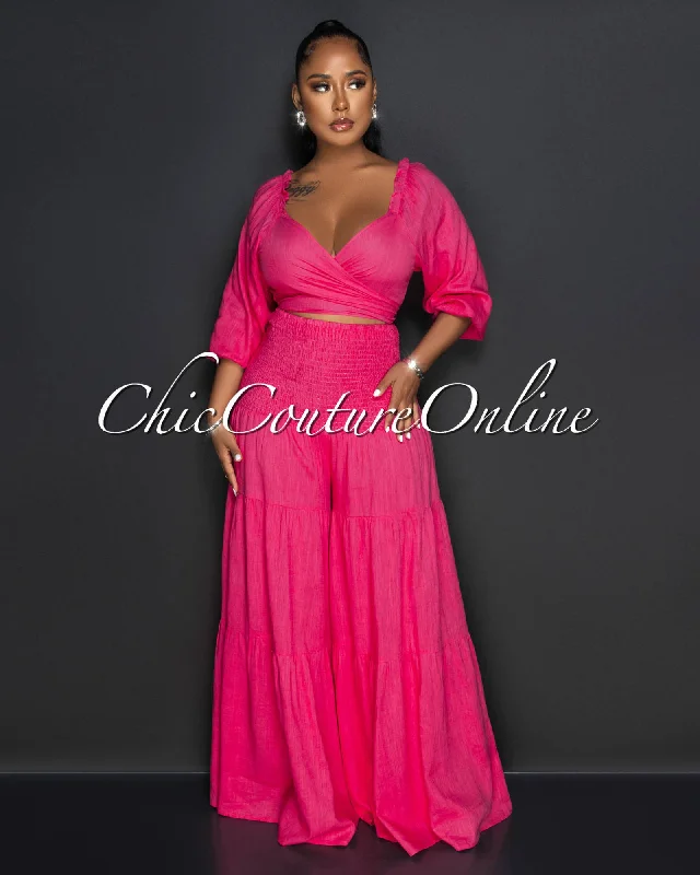 Nedia Fuchsia Front Tie Top & Smocked Wide Pants Linen Set Classic Pleated Pants