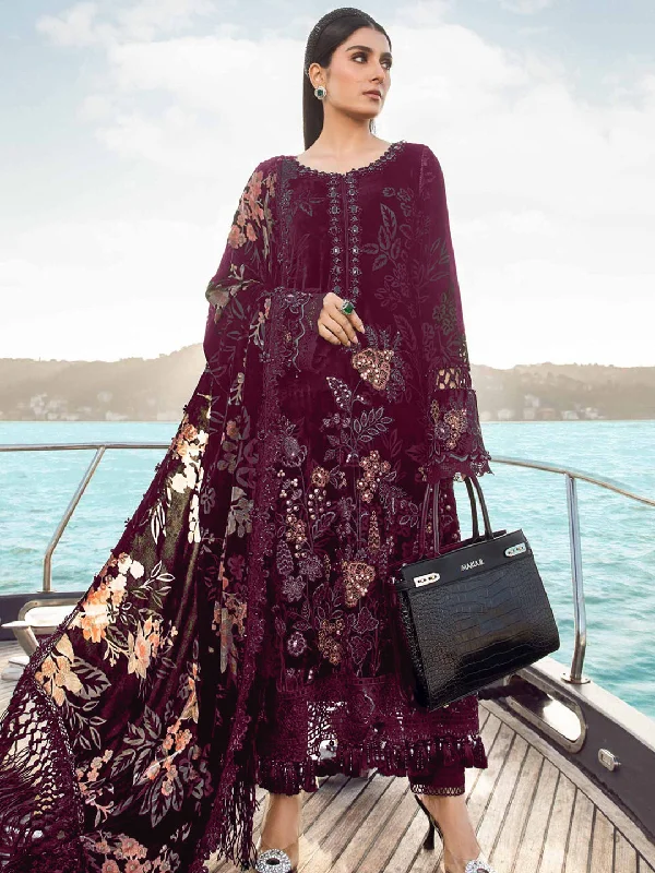 Burgundy Classy Designer Semi-Stitched Pant Suit With Embroidery Work Relaxed Linen Pants