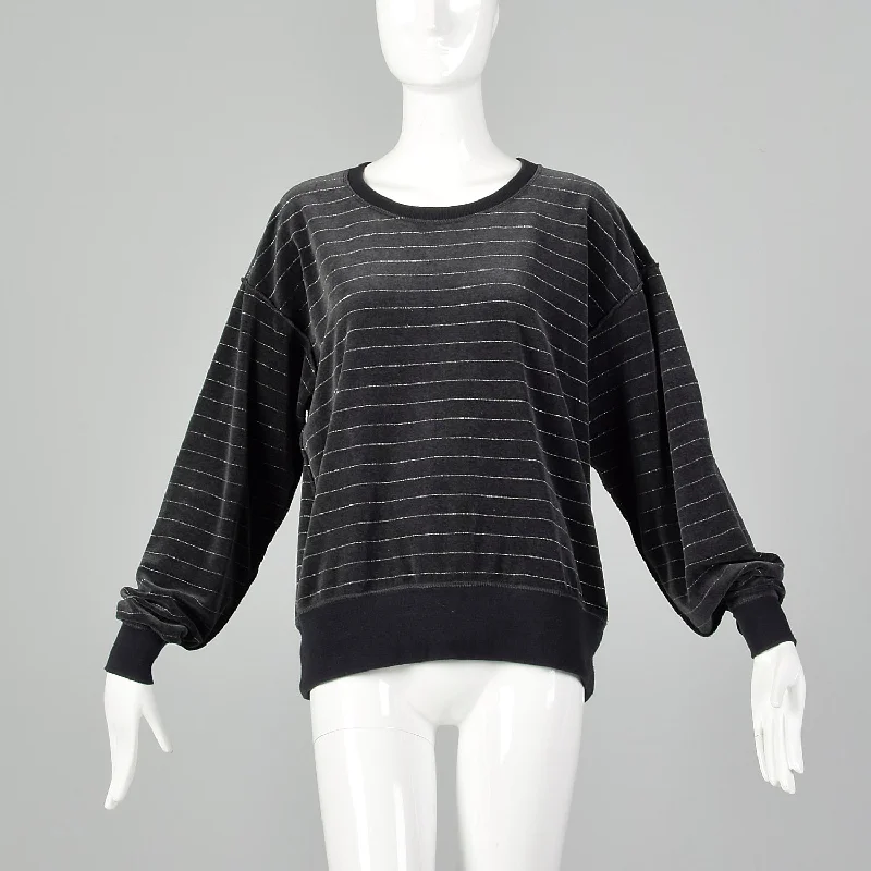 Large 1990s Sonia Rykiel Grey Velour Sweater with Metallic Silver Stripes Chenille Blend Fleece Blend Nylon Blend