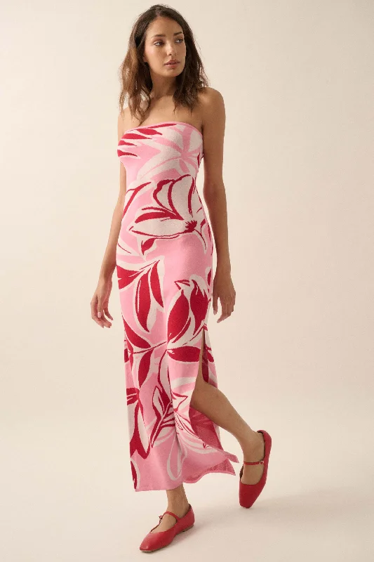 Tropical Chill Floral Strapless Maxi Sweater Dress Transparent Opaque Sheer