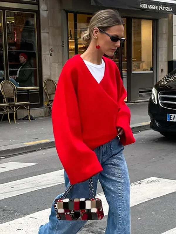 Casual V Neck Long Sleeve Christmas Sweater Oversized Loose Flowy