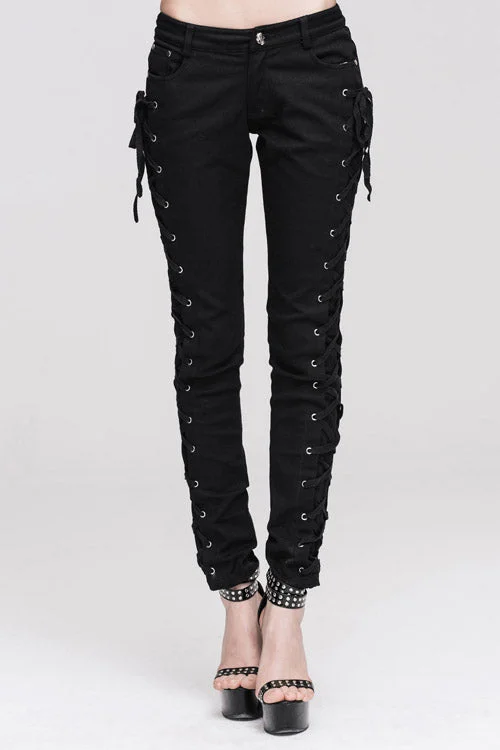 Black Lace Up Punk Classic Stretchy Womens Pants High-Waist Jeans