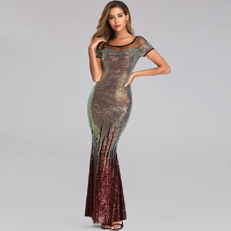 Backless Long Sequin Cocktail Dress Elegant Gold Evening Party Dress Sexy Mermaid Short Sleeve Prom Dress Beauty Robe De Soiree Crew Neckline Casual