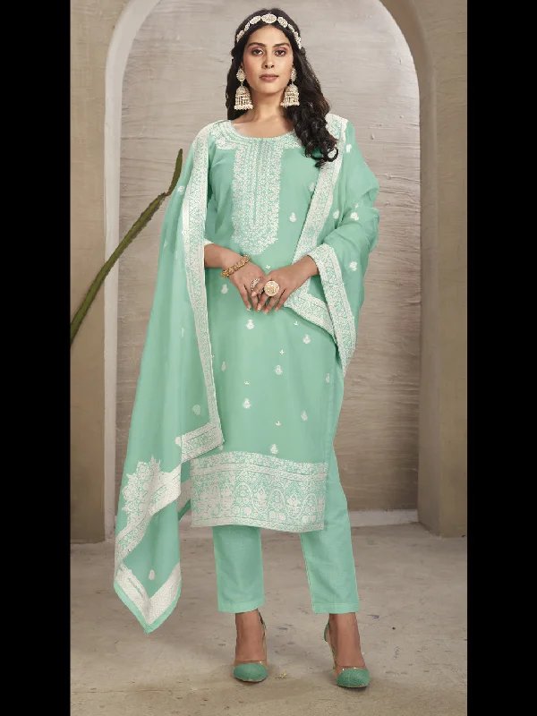 Sea Green Readymade Organza Pant Suit With Wevon Designer Hand Work Stylish Paperbag Waist Pants