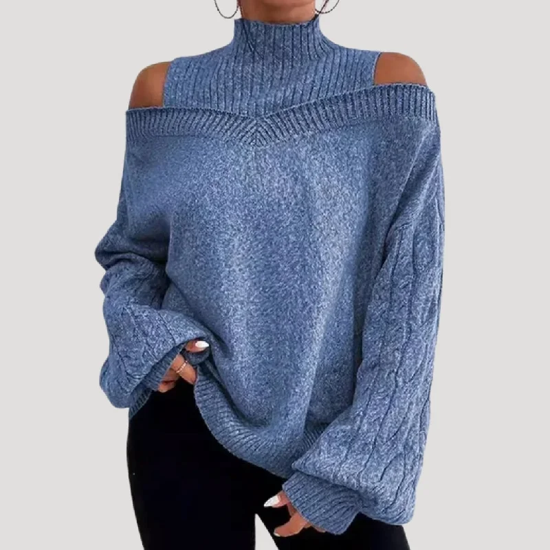Cold-shoulder turtleneck knit sweater Mesh Blend Leather Blend Suede Blend