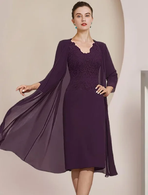 Two Piece Mother of the Bride Dress Formal Wedding Guest Elegant V Neck Knee Length Chiffon Lace Short Sleeve Jacket Dresses with Appliques Faux Fur Fabric Real Fur Fabric Shearling Fabric
