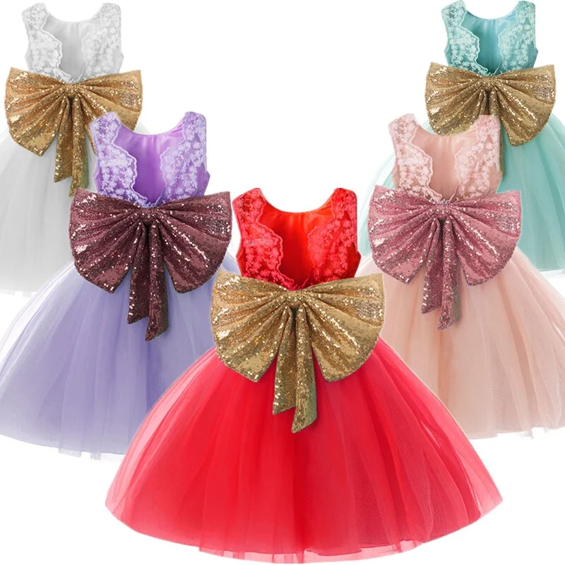 1St Birthday Dress For Baby Girls Sequins Backless Princess Party Dress NewBorn Bow Christening Gowns Baptism Clothing 1-5Years sweetheart Neckline Romantic