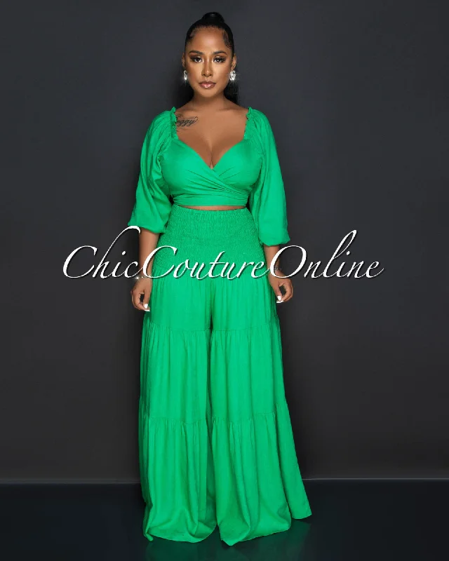 Nedia Green Front Tie Top & Smocked Wide Pants Linen Set Chic Checkered Pants