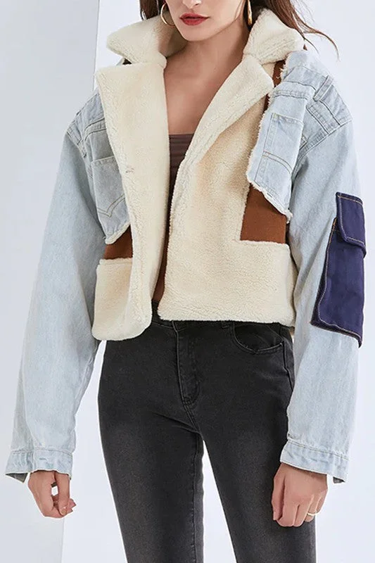 CASUAL LAMBSWOOL PATCHWORK DENIM JACKET Hooded Jacket Caped Jacket Shawl Collar Jacket