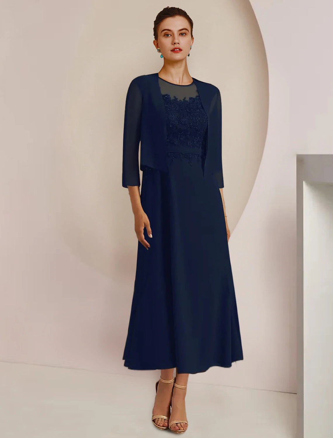 Two Piece A-Line Mother of the Bride Dress Formal Wedding Guest Elegant Scoop Neck Tea Length Chiffon Lace 3/4 Length Sleeve Jacket Dresses with Sash / Ribbon Appliques Zippered Front Buttoned Front Snap Front