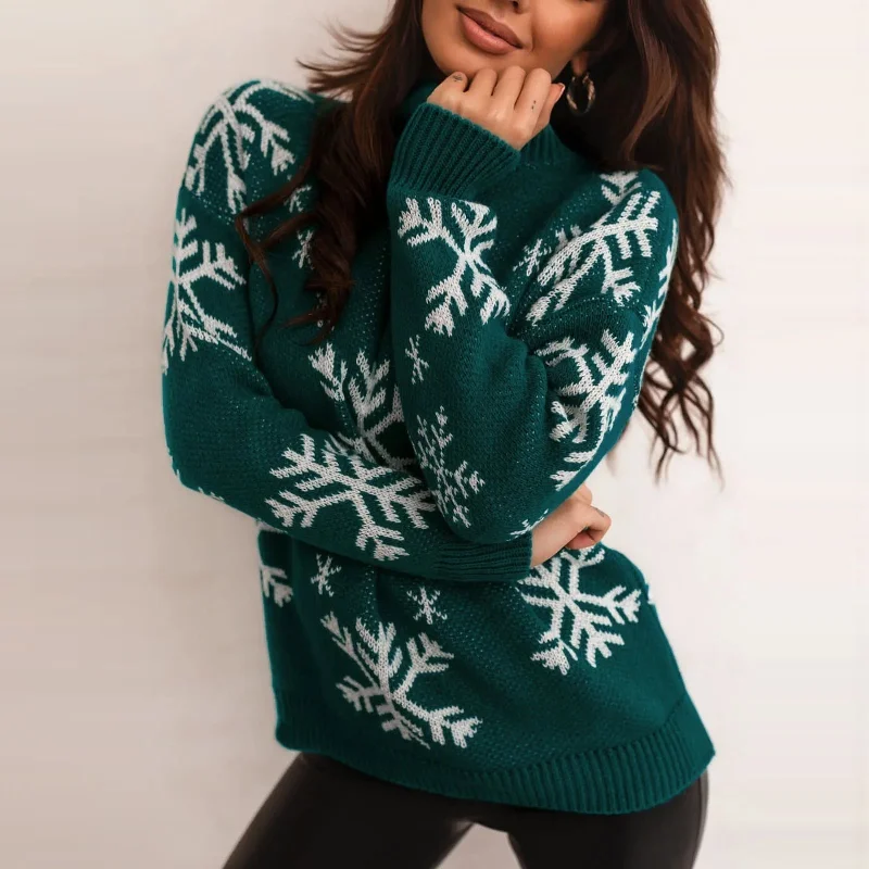 Snowflake Print Oversized Christmas Sweater Zippered Buttoned Snapped