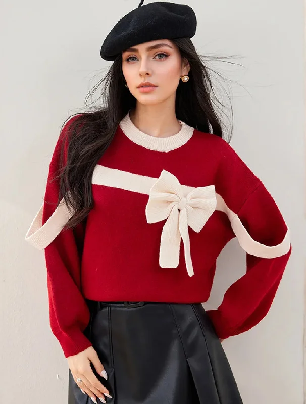 Red Bow Winter Patchwork Soft Long Sleeve Christmas Sweater Hooded Sweater Collared Sweater Shawl Collar