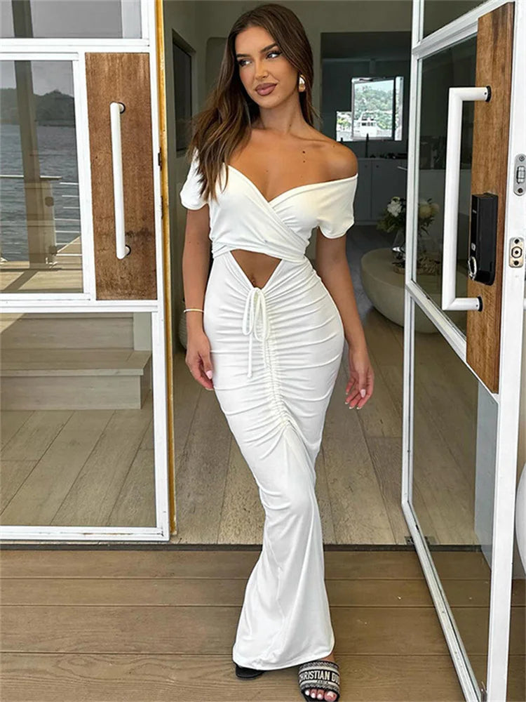 LIZAKOSHT -  Hollow Out V-Neck Drawstring Maxi Dress Female Bandage Patchwork High Waist Lace-Up Party Dress Ladies White Party Dress Tunics New arrival
