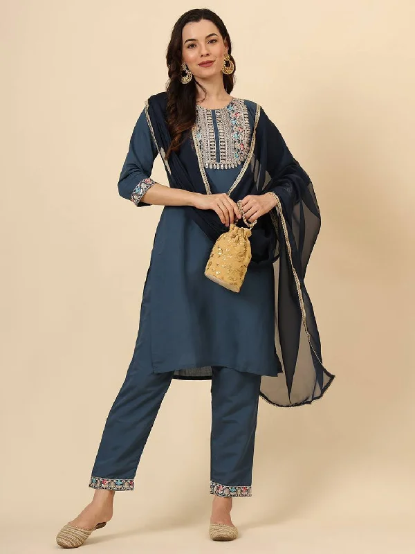 Navy Blue Trendy Designer Readymade Pant Suit With Embroidery Work Chic Black Leggings