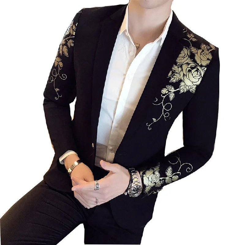 2022 New Luxury Gold Print Blazer Slim Fit Men Party Wedding Dress Black Suit Jacket Nylon Fabric Polyester Fabric Spandex Fabric