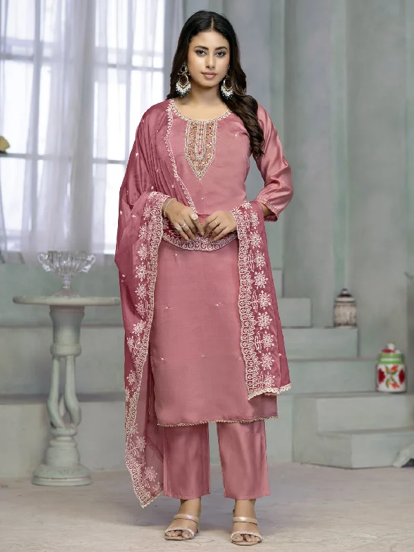 Pink Designer Readymade Pant Suit With Embroidery Work Stylish Slim Trousers
