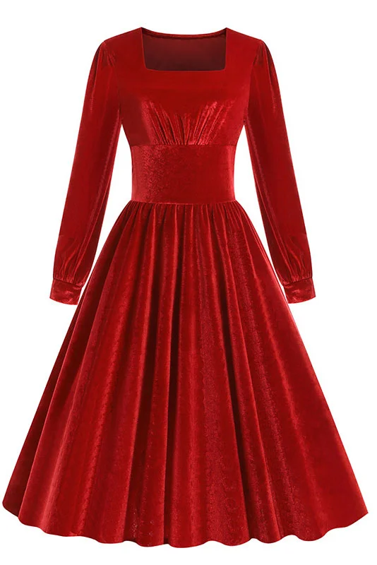 Midi Red Long Sleeve A-Line Party Dress Tunics Timeless classic