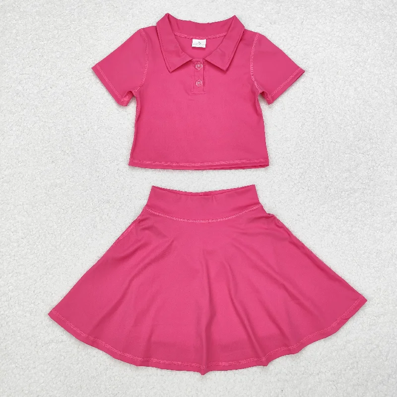 GSD1391 Solid rose red short sleeve skirt yoga suit silk skirt lustrous