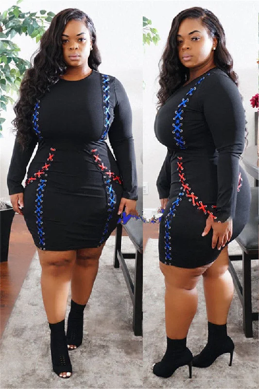 Plus Size Short Black Long Sleeve Party Dress Sequined Elegant Party